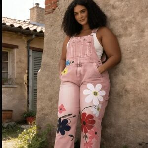 Pink Floral Denim Overalls - Women Jeans